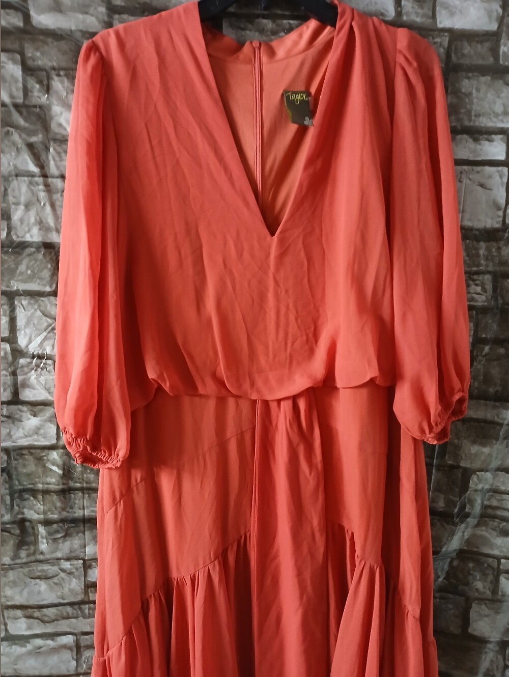 Taylor Coral V-Neck Long Sleeve Maxi Dress with Tiered Skirt